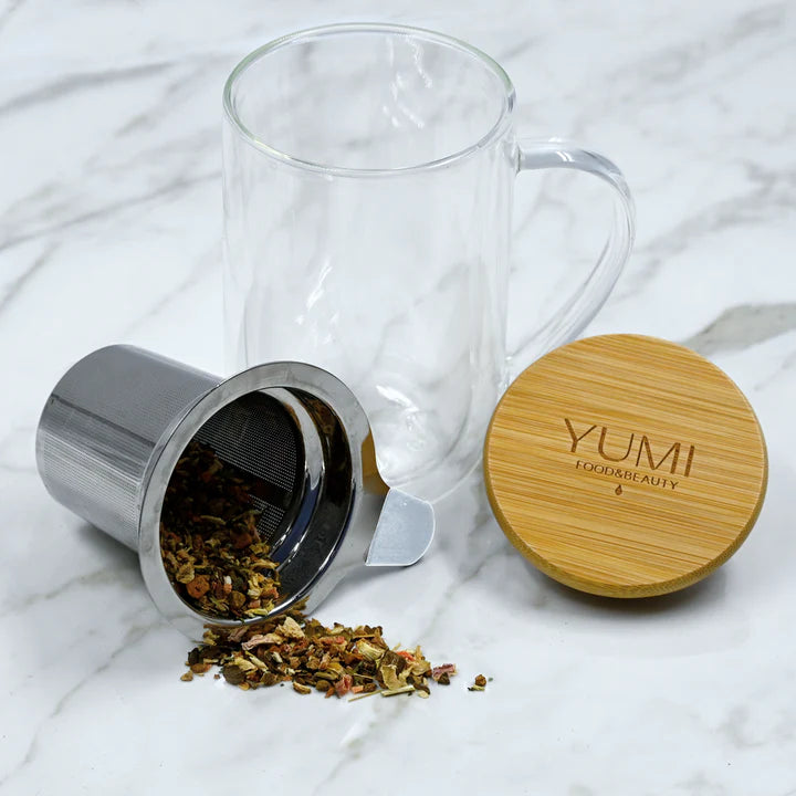 Tasse verre double paroi avec infuseur & cuillère doseuse bois