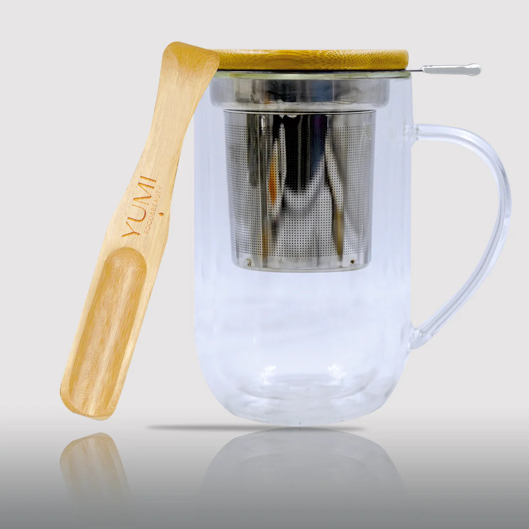 Tasse verre double paroi avec infuseur & cuillère doseuse bois